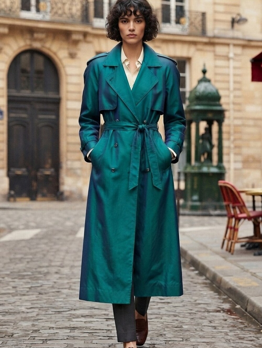 Vintage 80's Womens  Belted Trench Coat - Oversized Shiny Teal